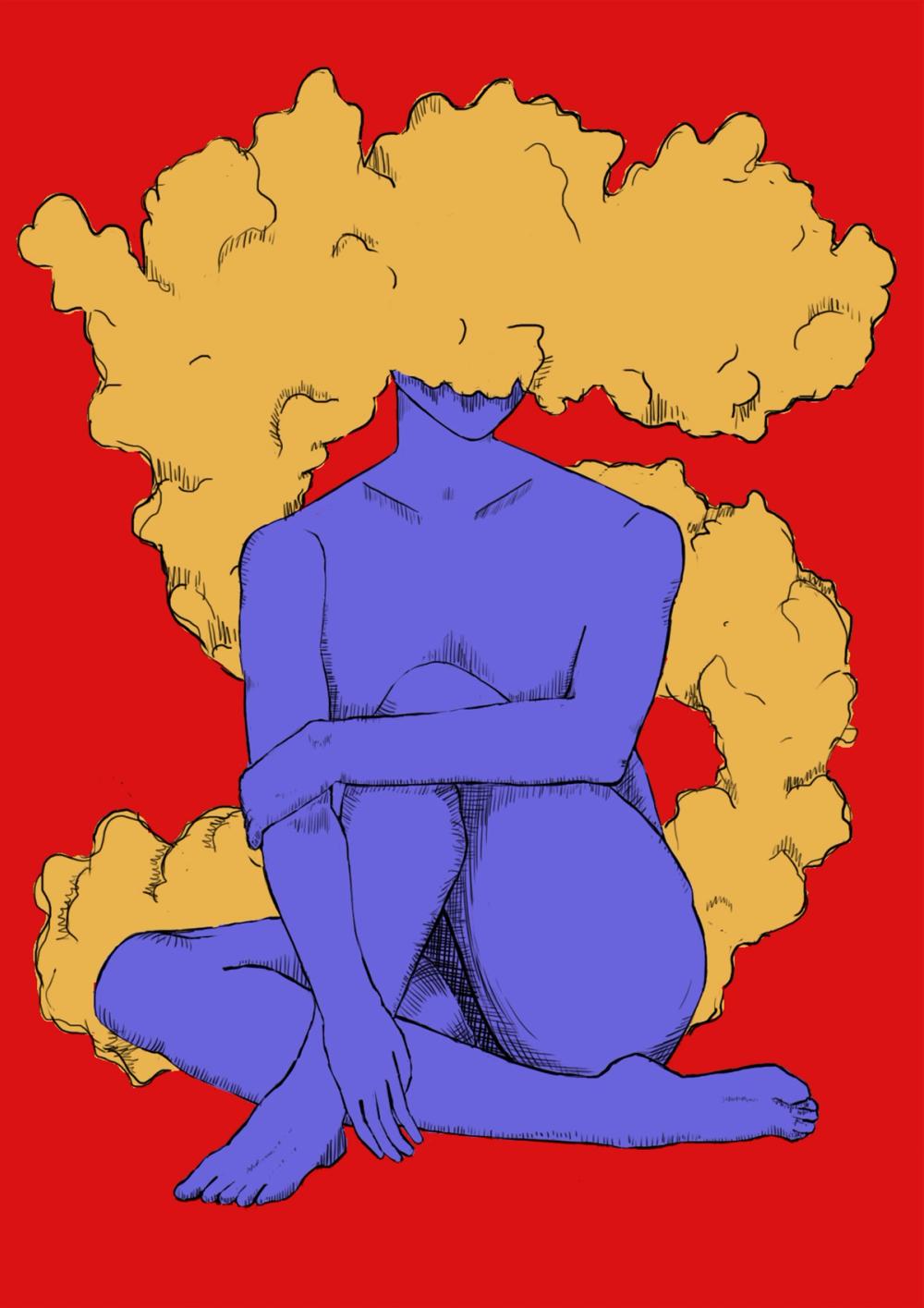 Blue-skinned figure sitting with folded arms, its head dissolved into a billowing ochre cloud on red