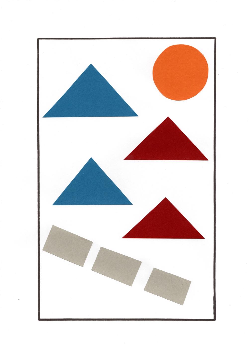 Blue and red paper triangles under an orange sun, grey bars slanting across like road markings