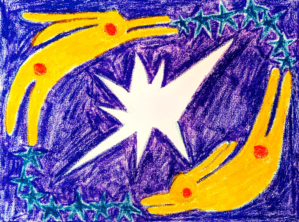 Oil pastel: yellow crescent hares with red dots circling a white starburst on a violet, star-flecked ground