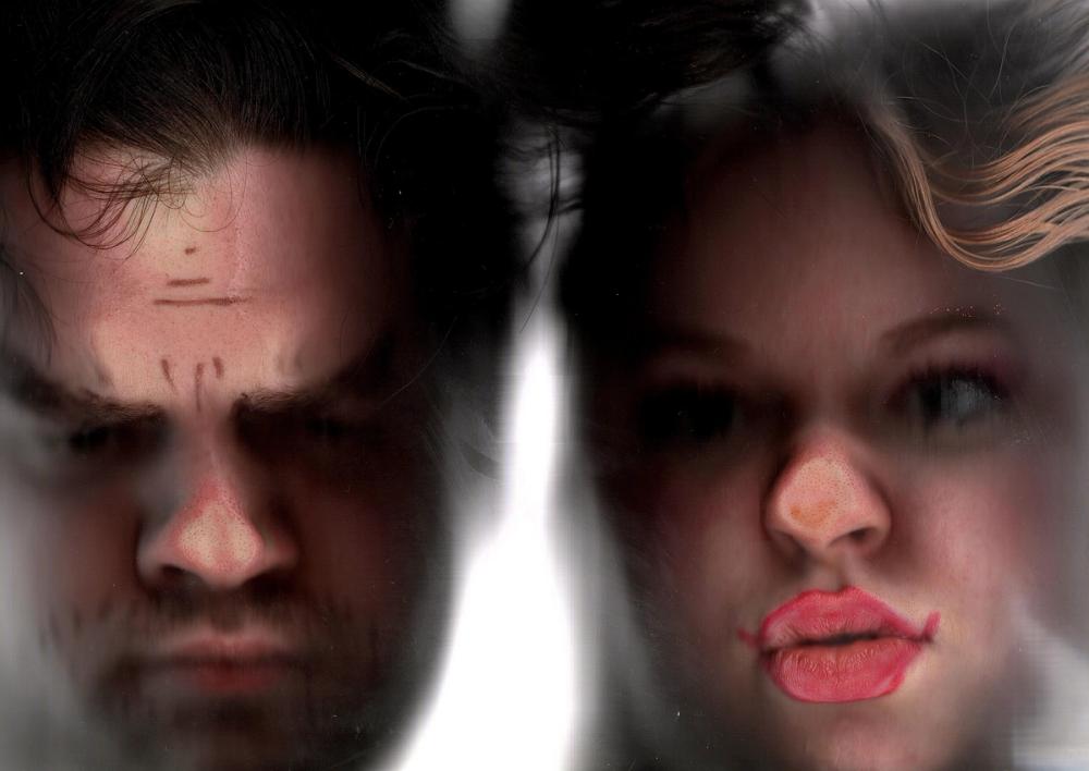 Two faces pressed flat on scanner glass and smeared by motion, inked brow lines beside oversized red lips