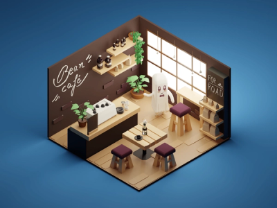 Isometric 3D render of a cutaway café, ghost barista in a bow tie, “Bean café” lettered on the brown wall