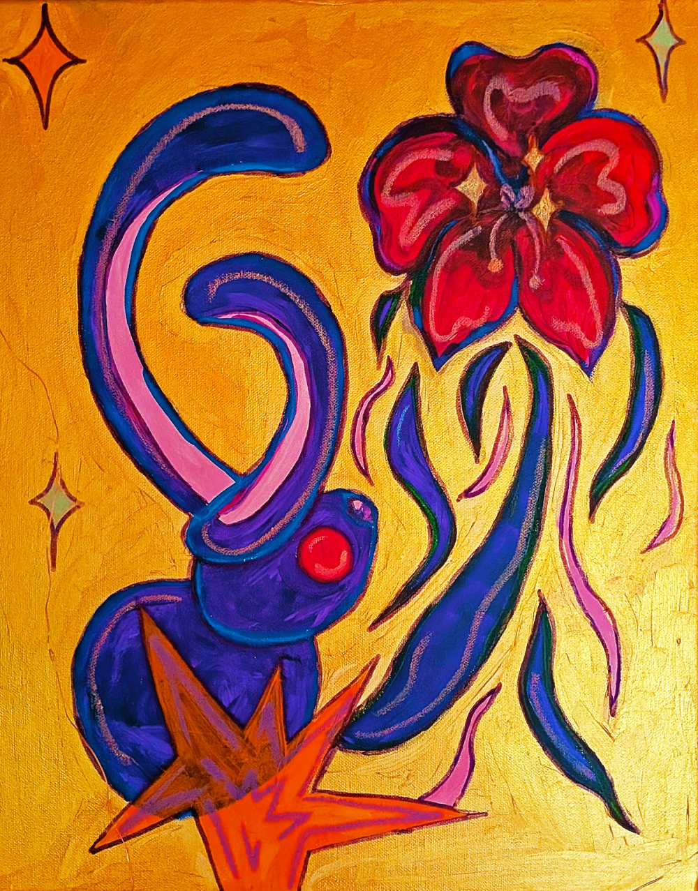 Blue curling ribbon forms and a crimson iris on gold, an orange star bursting at the lower edge