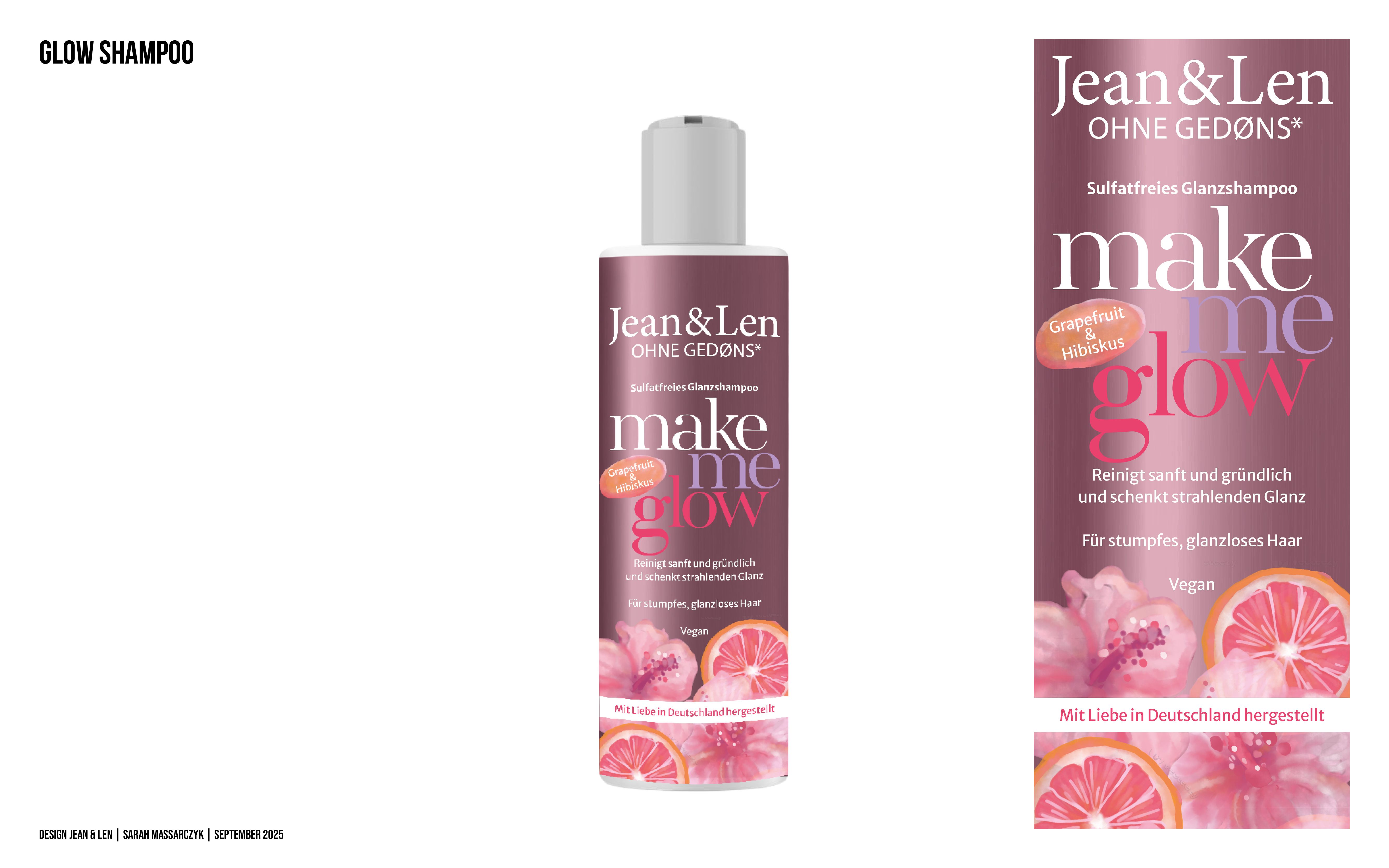 Plum shampoo bottle reading "make me glow", grapefruit slices and pink hibiscus washing up its lower half