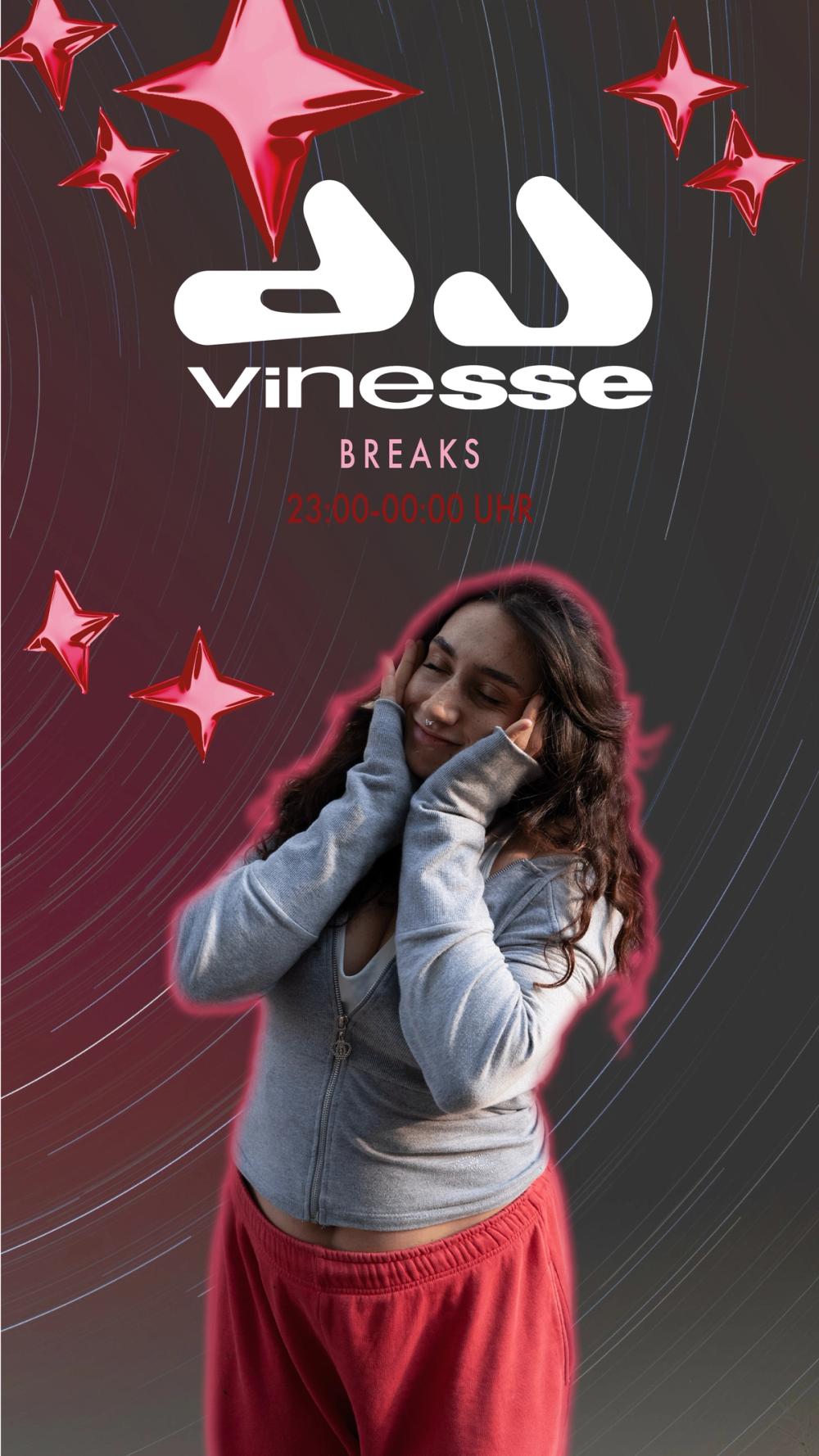 Story promo for DJ Vinesse, hands framing her face in a grey zip hoodie, “BREAKS” slot time in red