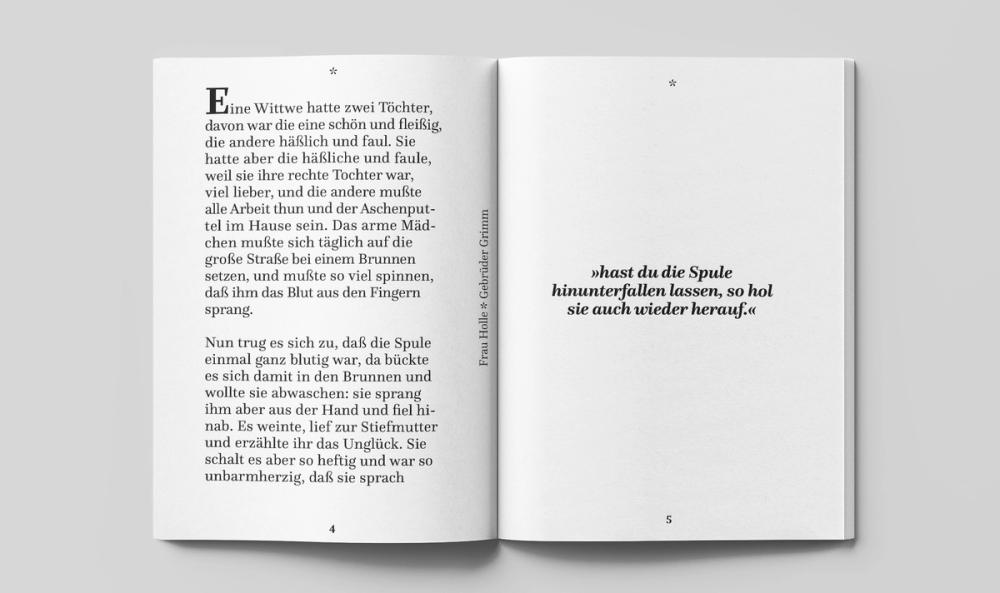 Body-text spread with a large drop cap, vertical running title in the gutter and a bold pull quote opposite