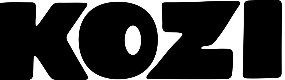 The "KOZI" wordmark alone in solid black, rounded retro letterforms stretched across a wide format