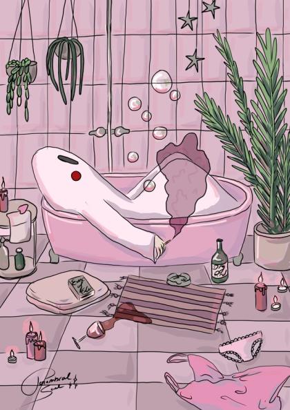 Pink-tiled bathroom illustration: a ghostly figure slumped in the tub, spilled wine, candles and plants
