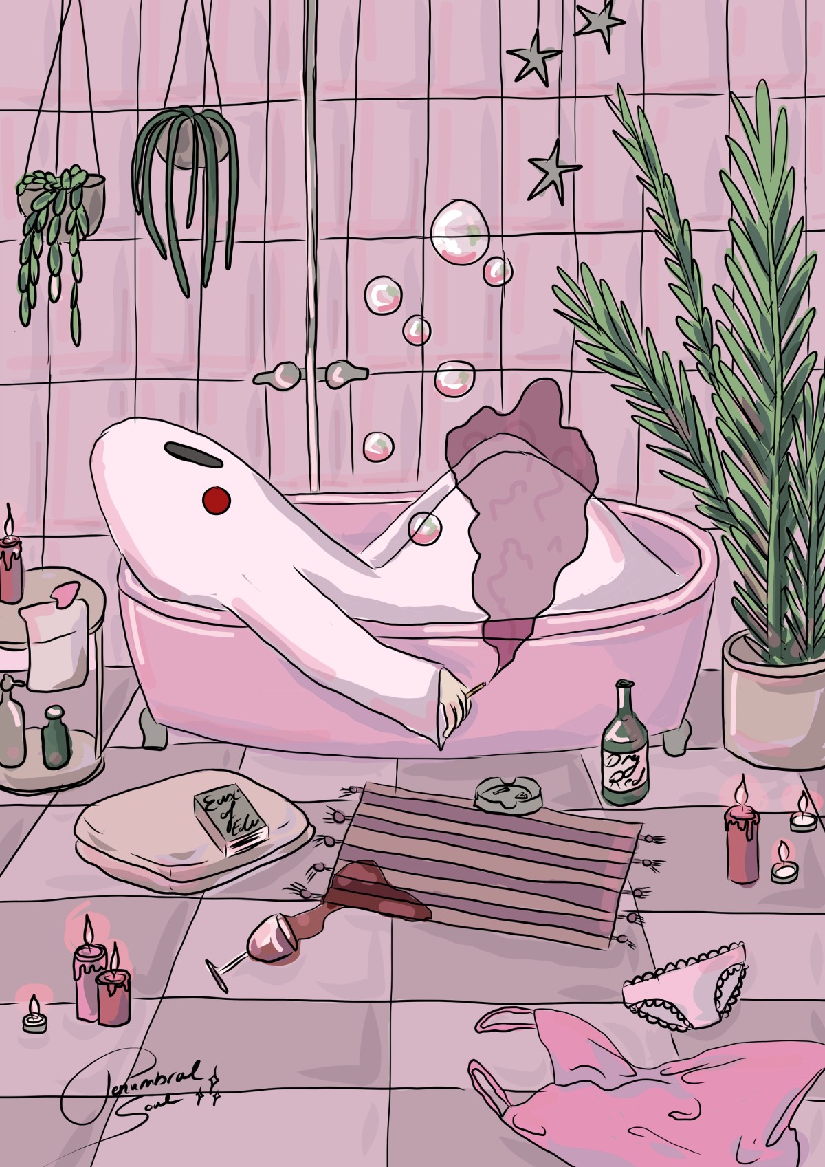 Pink-tiled bathroom illustration: a ghostly figure slumped in the tub, spilled wine, candles and plants