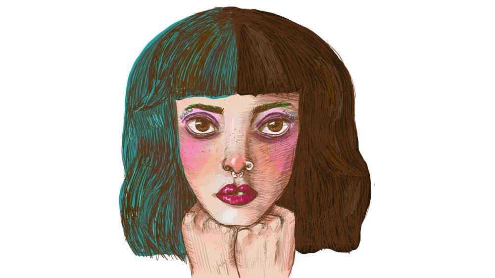 Digital drawing, bob split half teal half brown, pink-blushed face resting on both fists