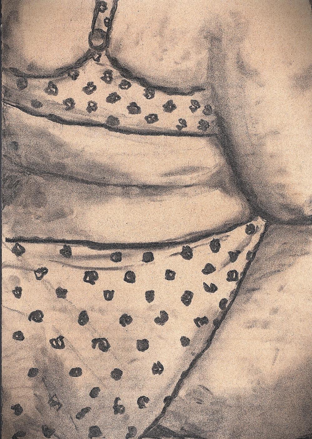 Charcoal study on warm sepia paper: a soft belly between polka-dot bra and briefs, cropped close