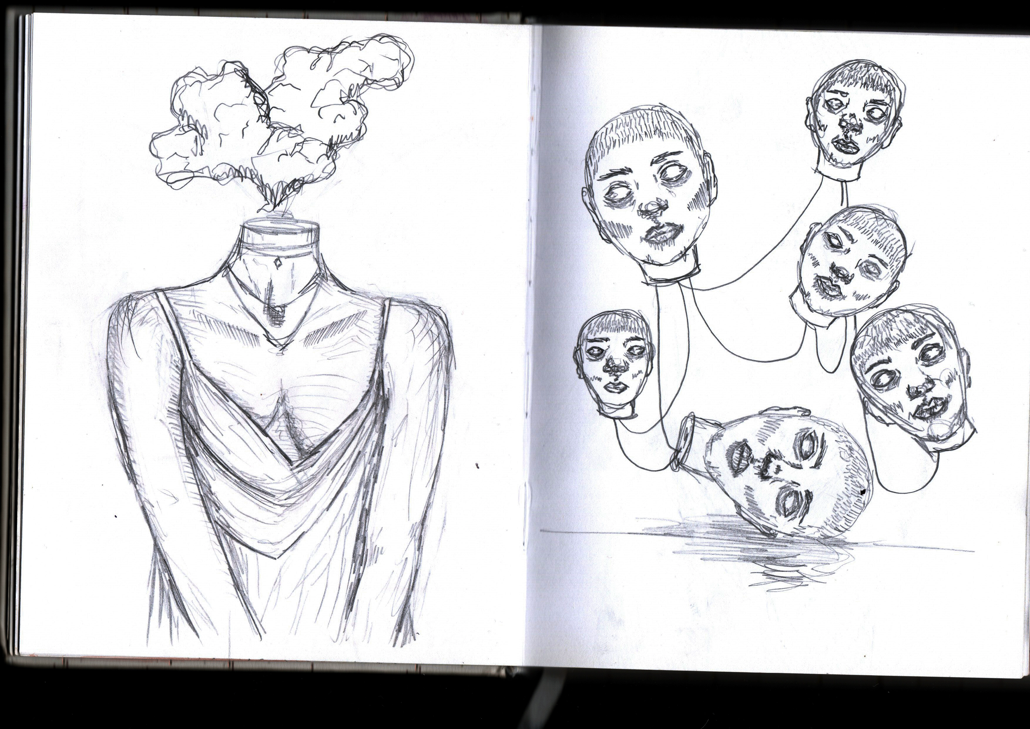 Draped headless bust with smoke billowing from the neck, facing a cluster of small heads on thin stalks