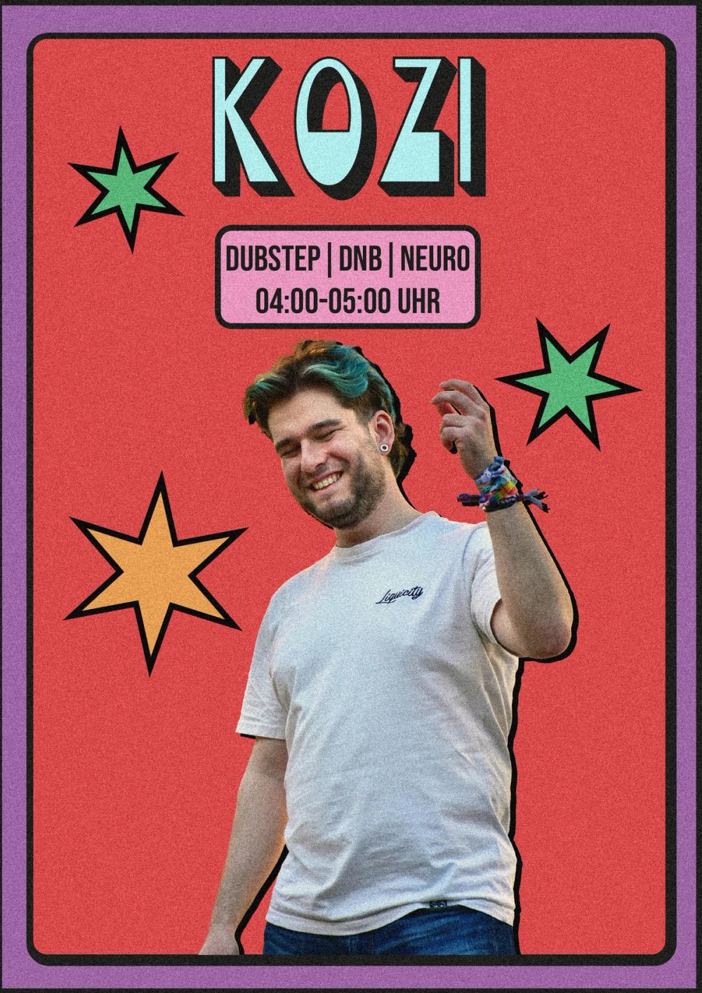 Artist poster for KOZI, grinning DJ with teal hair cut out on red, star bursts, “DUBSTEP | DNB | NEURO”
