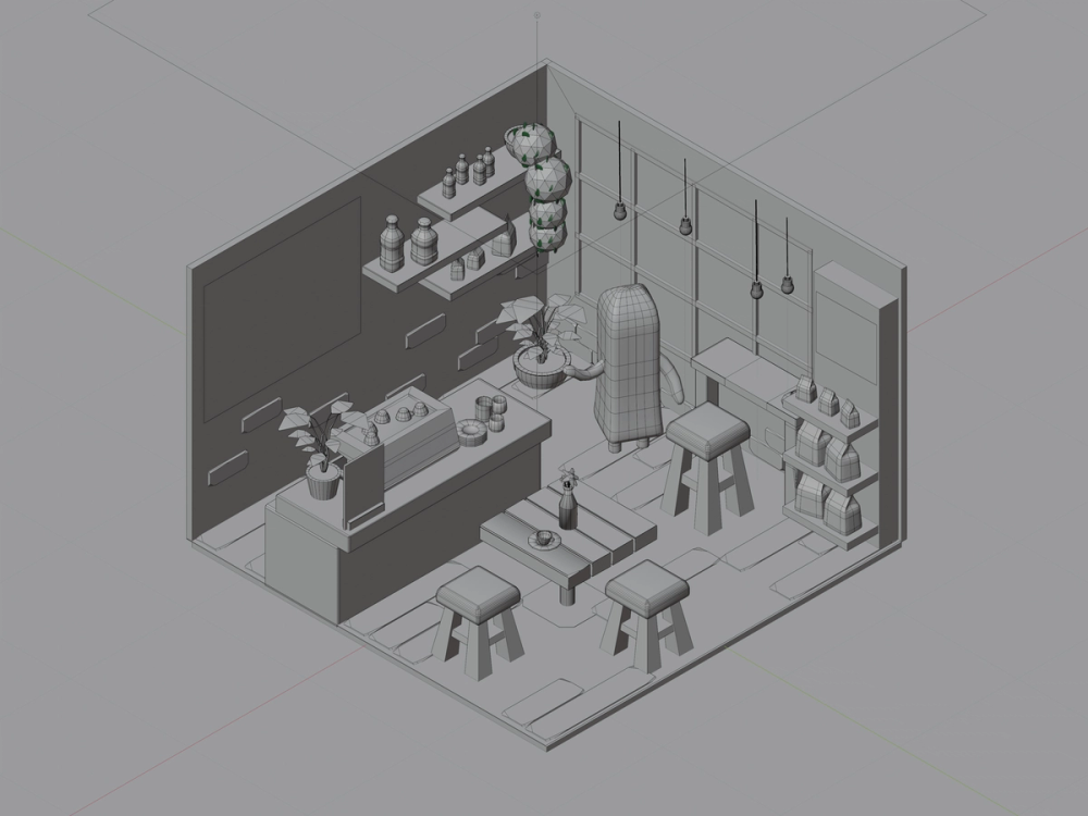 Untextured grey clay view of the same café scene, wireframe meshes visible on plants and pendant lamps