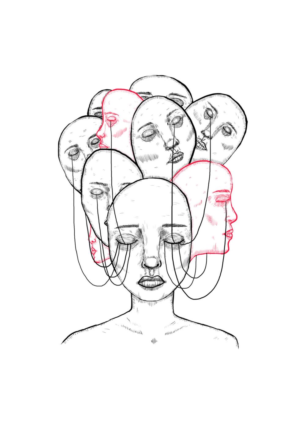 Ink portrait whose head sprouts a cluster of blank hanging masks on strings, two of them outlined in red