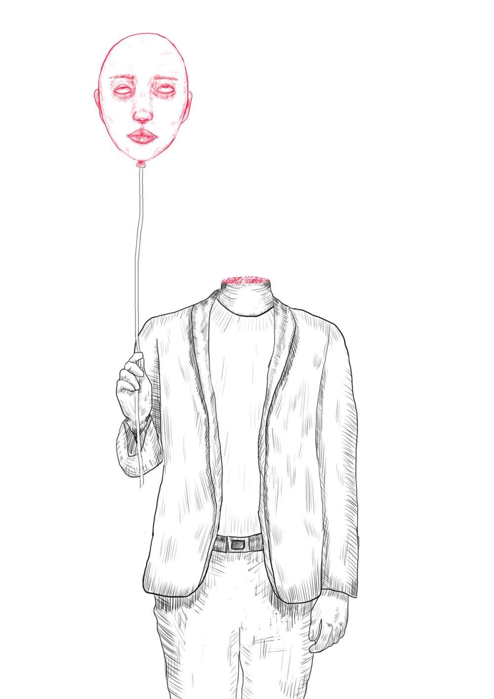 Fineliner drawing of a headless figure in a blazer, holding a balloon printed with a red, blank-eyed face