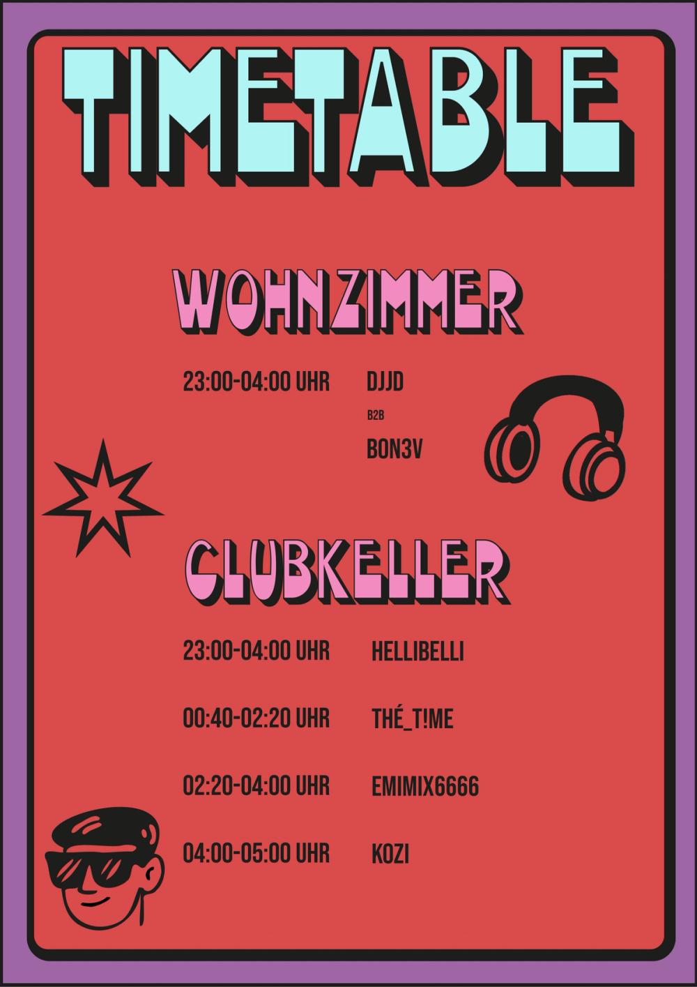 Timetable poster on red listing Wohnzimmer and Clubkeller sets, headphone icon and a comic face in shades
