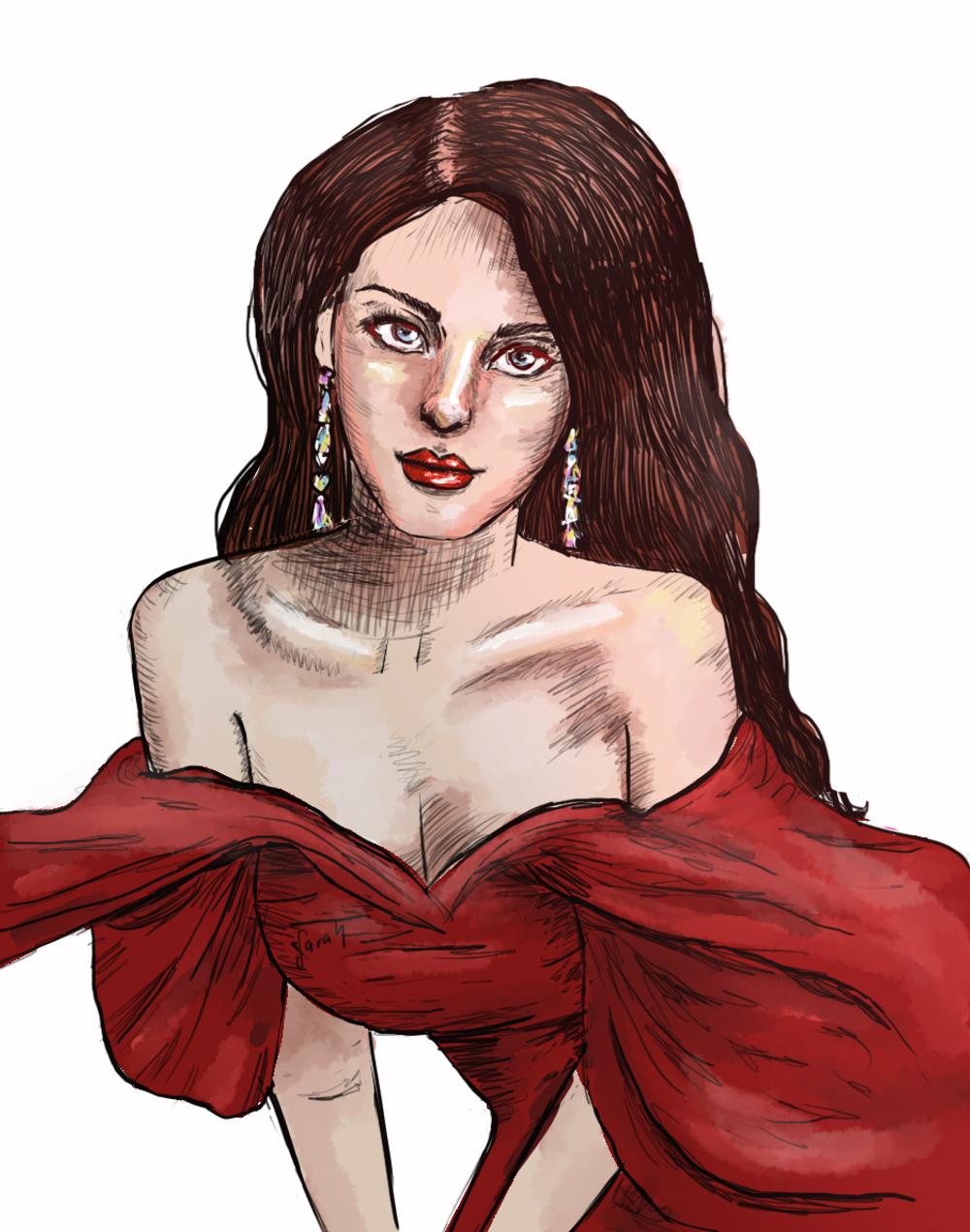 Ink and colour sketch of a woman in a red off-shoulder dress, long auburn waves and drop earrings