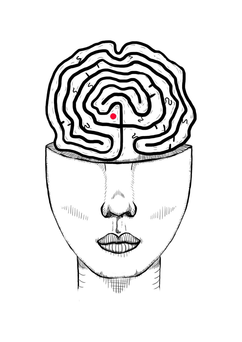 Ink head sliced open at the brow, the brain drawn as a dense maze with a single red dot at its centre
