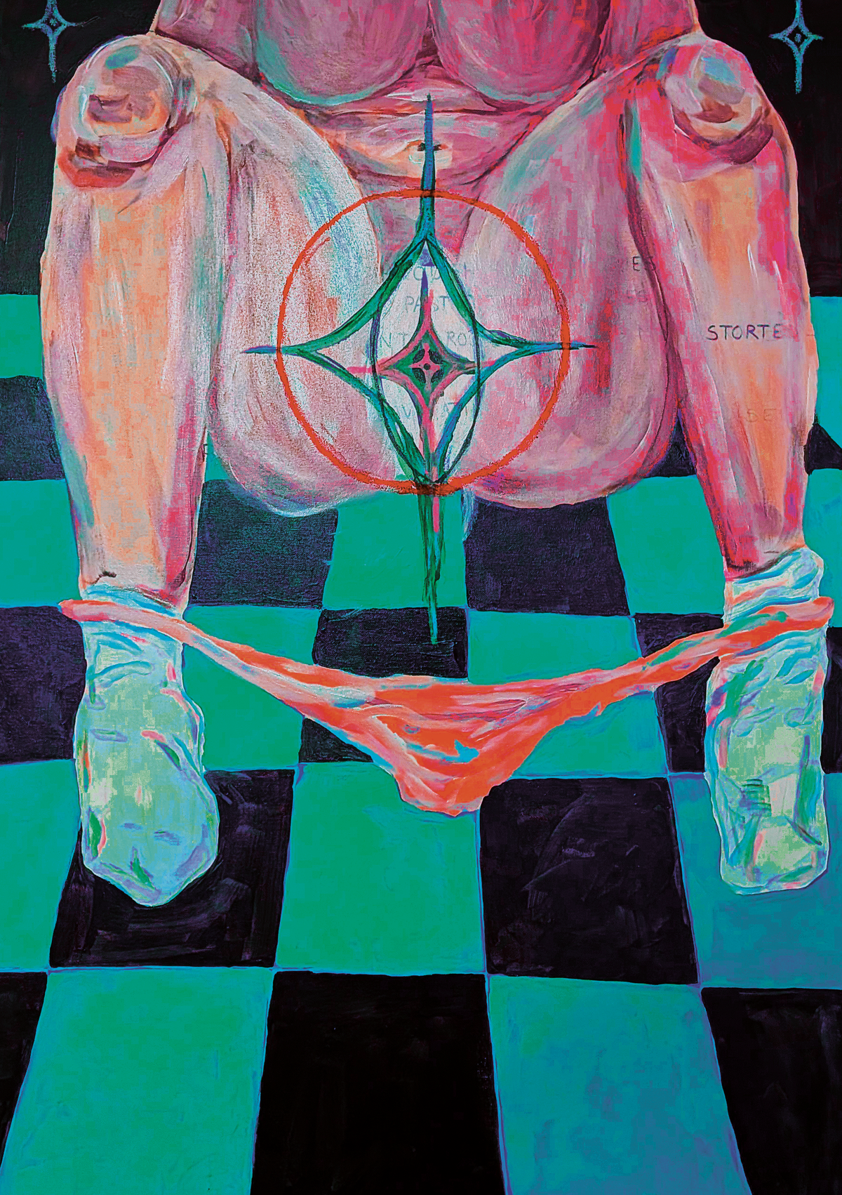 Painted nude seated on a green-and-black checkerboard floor, red circle and star at the lap, tights stretched between ankles