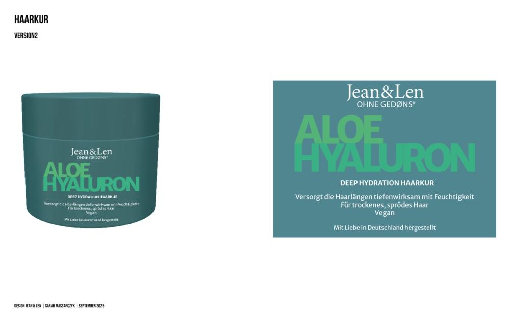 Deep teal hair mask tub, "ALOE HYALURON" in overlapping green type, shown next to its unwrapped label