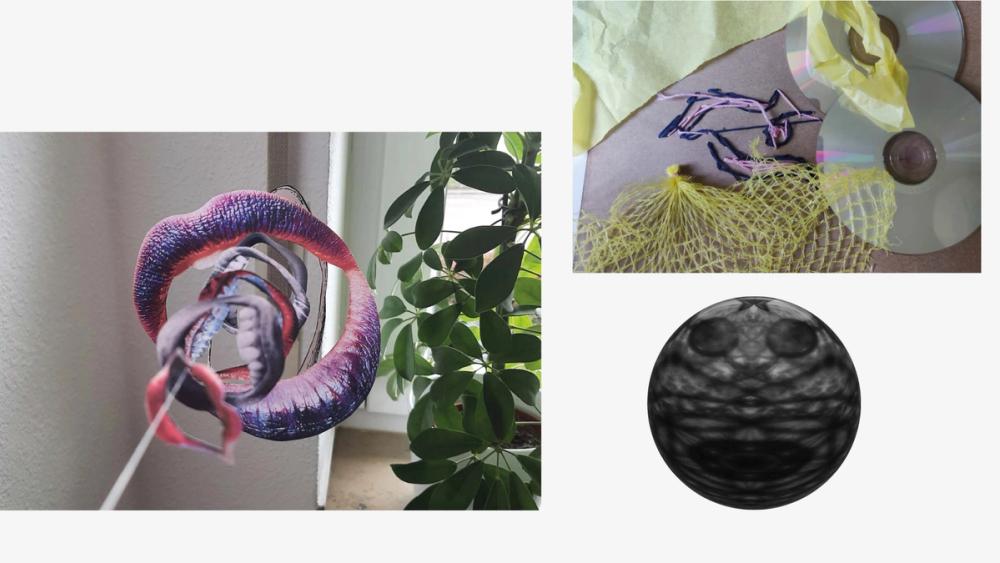 Process collage: a printed ring of purple lips hung beside a houseplant, a CD with yellow netting, a dark face sphere