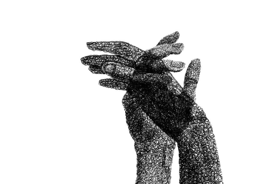 Two hands raised and interlaced, built entirely from tangled ink scribbles against empty white space