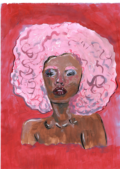 Gouache portrait of a woman with a vast pale pink curl halo, warm brown skin, deep red ground