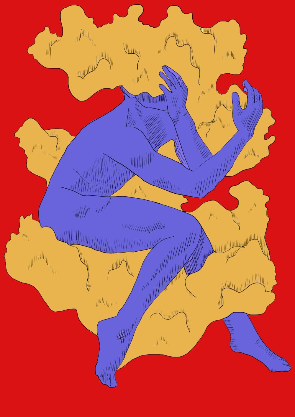 Blue body reclining with both hands raised, head lost in ochre cloudbanks drifting over a red field