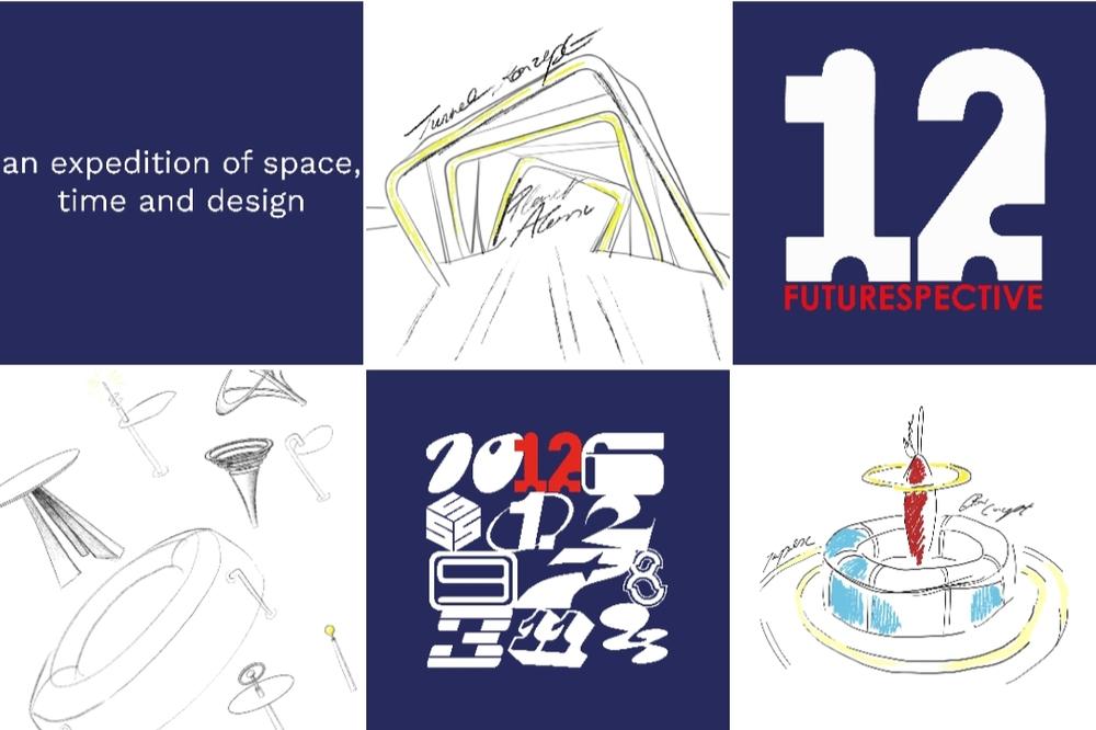 Six-panel moodboard mixing tunnel and stage sketches with navy tiles carrying the '12' logo and the show tagline