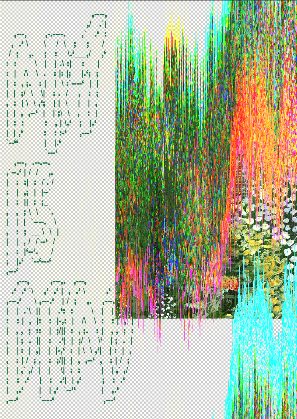 Green ASCII figures on a transparency grid beside a photo of flowers smeared into vertical cyan and orange streaks