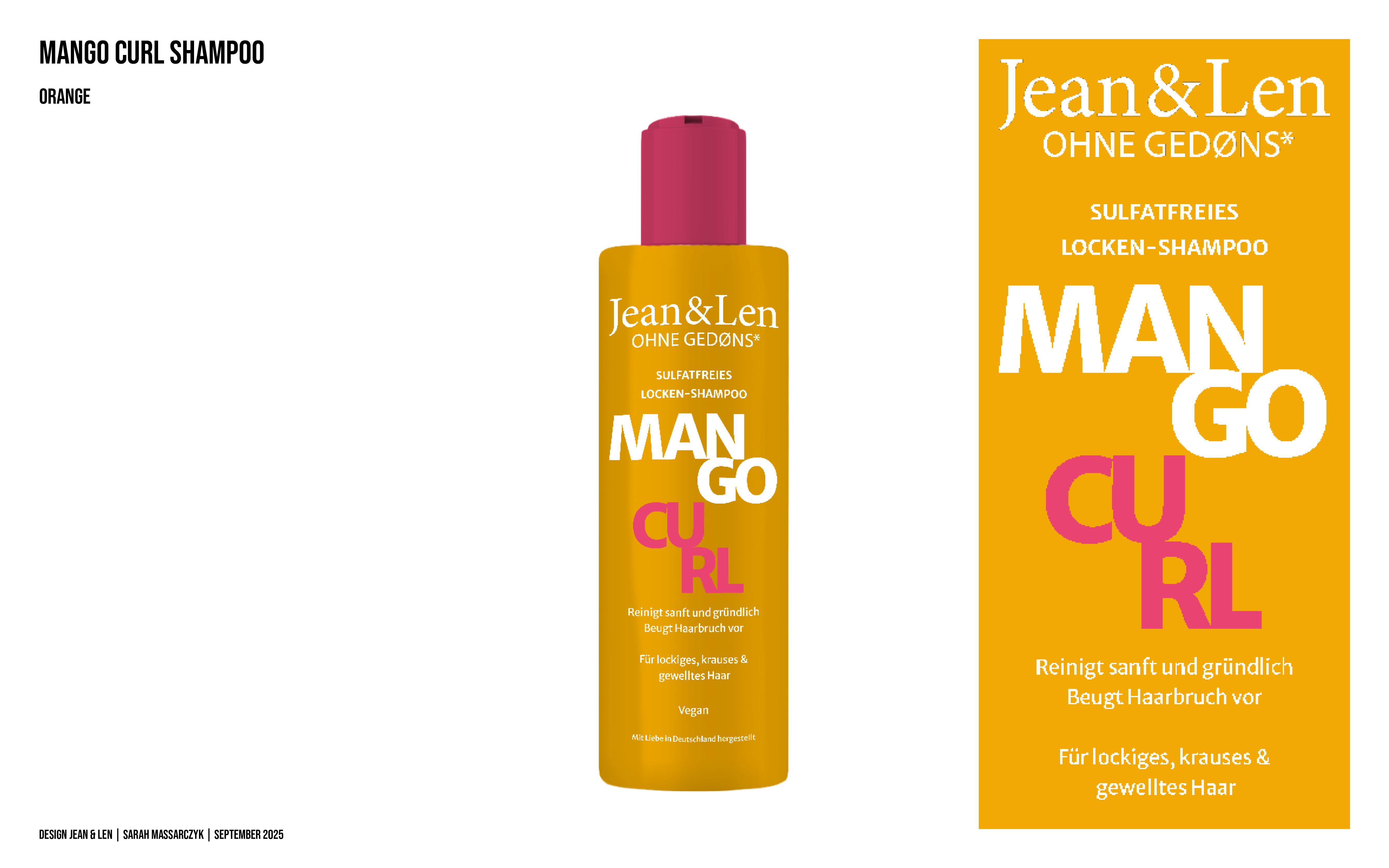 Saffron-yellow shampoo bottle with magenta cap, "MANGO" in white stacked over "CURL" in hot pink