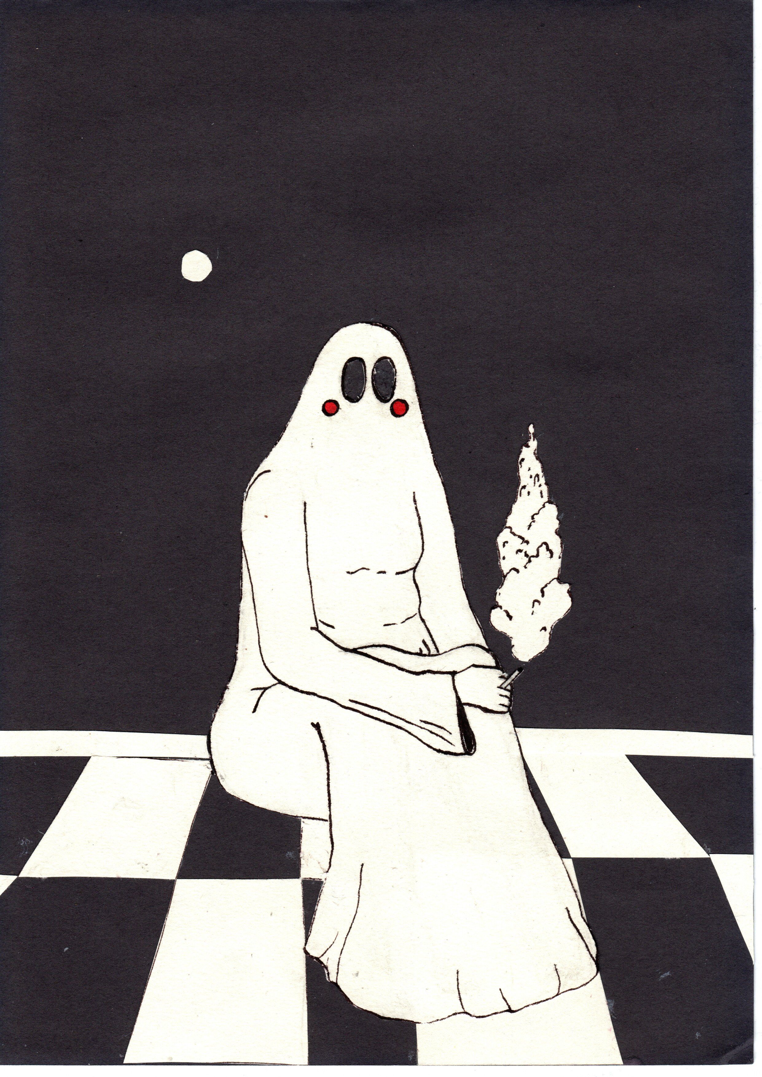 Ink drawing of a veiled figure with black oval eyes, seated on a checkerboard floor beneath a pale moon