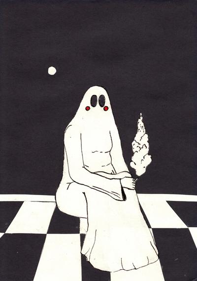 Ink drawing of a veiled figure with black oval eyes, seated on a checkerboard floor beneath a pale moon