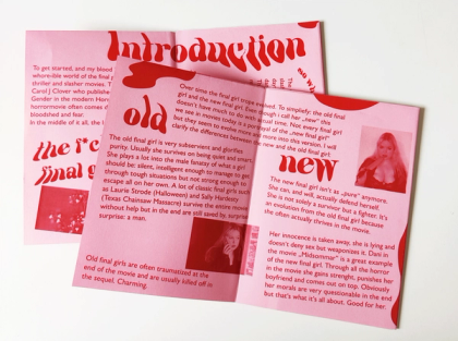 Pink zine pages fanned out on white, red display headings “Introduction”, “old” and “new” with duotone film stills