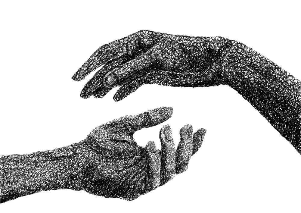 Two ink-scribbled hands reaching towards each other across white space, fingertips not quite meeting