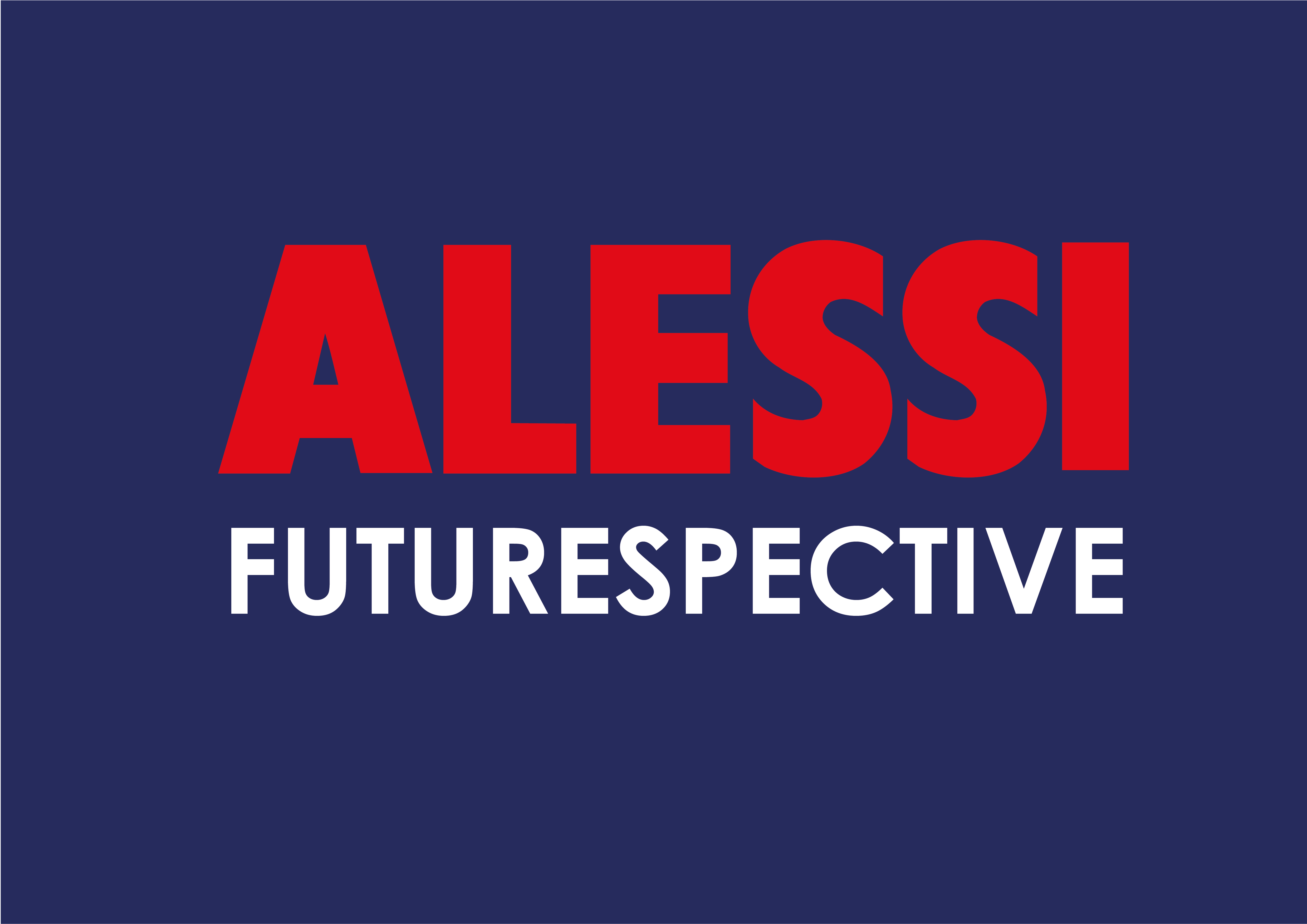 Deep navy title card with ALESSI in bold red capitals above FUTURESPECTIVE in white sans-serif
