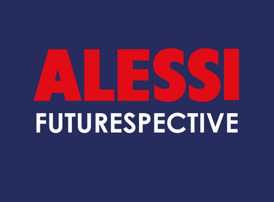 Deep navy title card with ALESSI in bold red capitals above FUTURESPECTIVE in white sans-serif