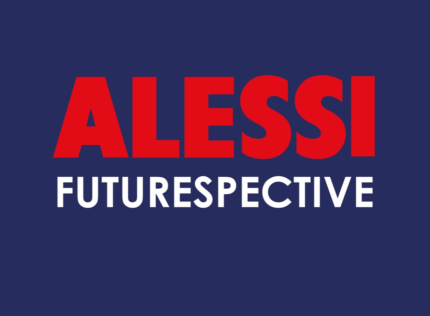 Deep navy title card with ALESSI in bold red capitals above FUTURESPECTIVE in white sans-serif