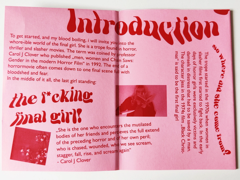 Open spread on pink paper, red headline “Introduction”, a Carol J Clover quote and small crimson-tinted stills