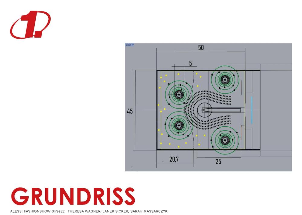 Layout board headed GRUNDRISS with a CAD top view of the venue, 50 by 45 metre dimensions and green seating circles