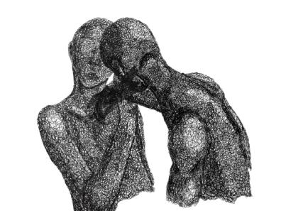 Two figures drawn in dense black ink loops, heads bowed together, floating on plain white paper