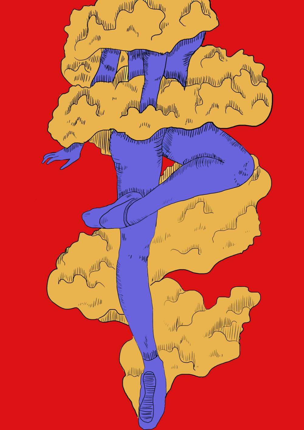 Blue dancer on pointe, legs crossed mid-turn, torso swallowed by ochre clouds against flat red
