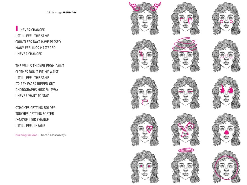 Grid of fifteen identical curly-haired faces, each altered by a different magenta mark, poem alongside