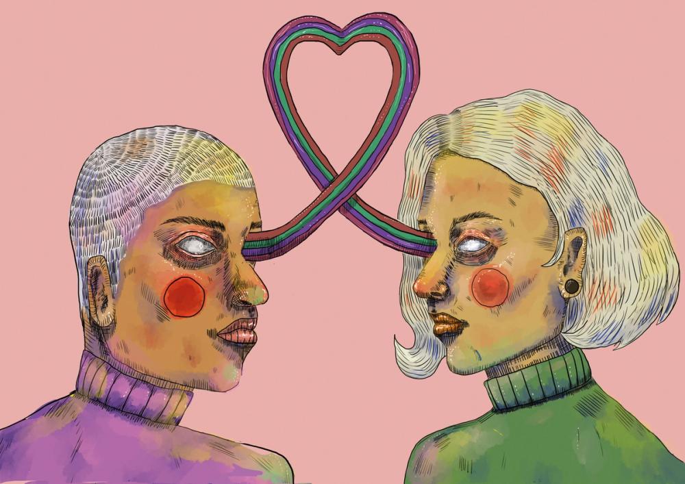 Two profiles facing off on pink, striped ribbons running from their eyes and looping into a shared heart