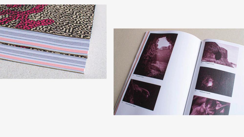 Book corner showing the dithered pink cover and striped edges of coloured stock, beside a grid of magenta cave photos