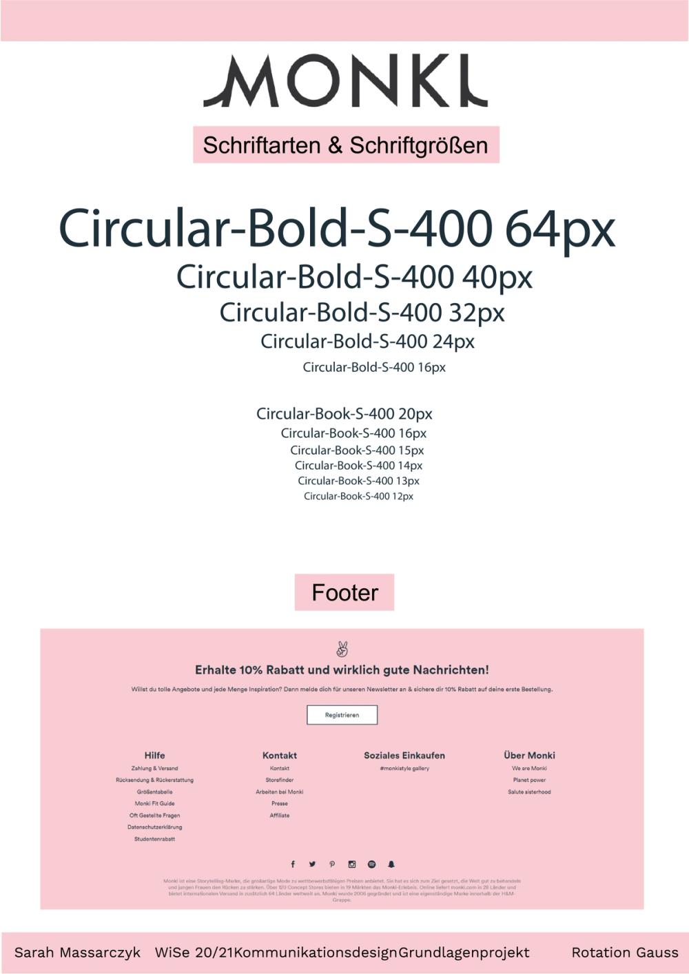 Type specimen stepping through Circular Bold and Book sizes above a dusty-pink footer layout with link columns