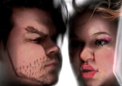Scanned profiles nose to nose: a man with drawn-on brow and stubble facing pink eyeshadow and glossy red lips