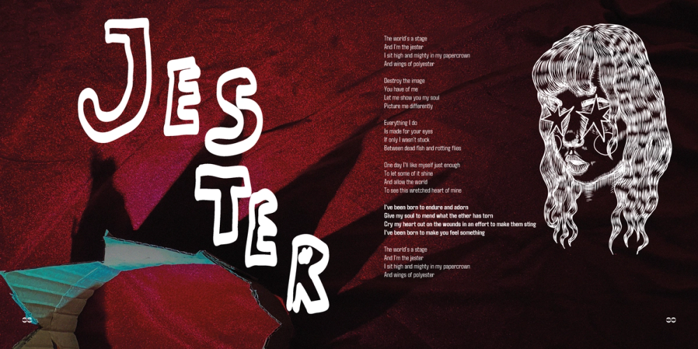 Lyric booklet spread: hand-drawn word Jester in white over red velvet, lyrics column and inked face with star eyes