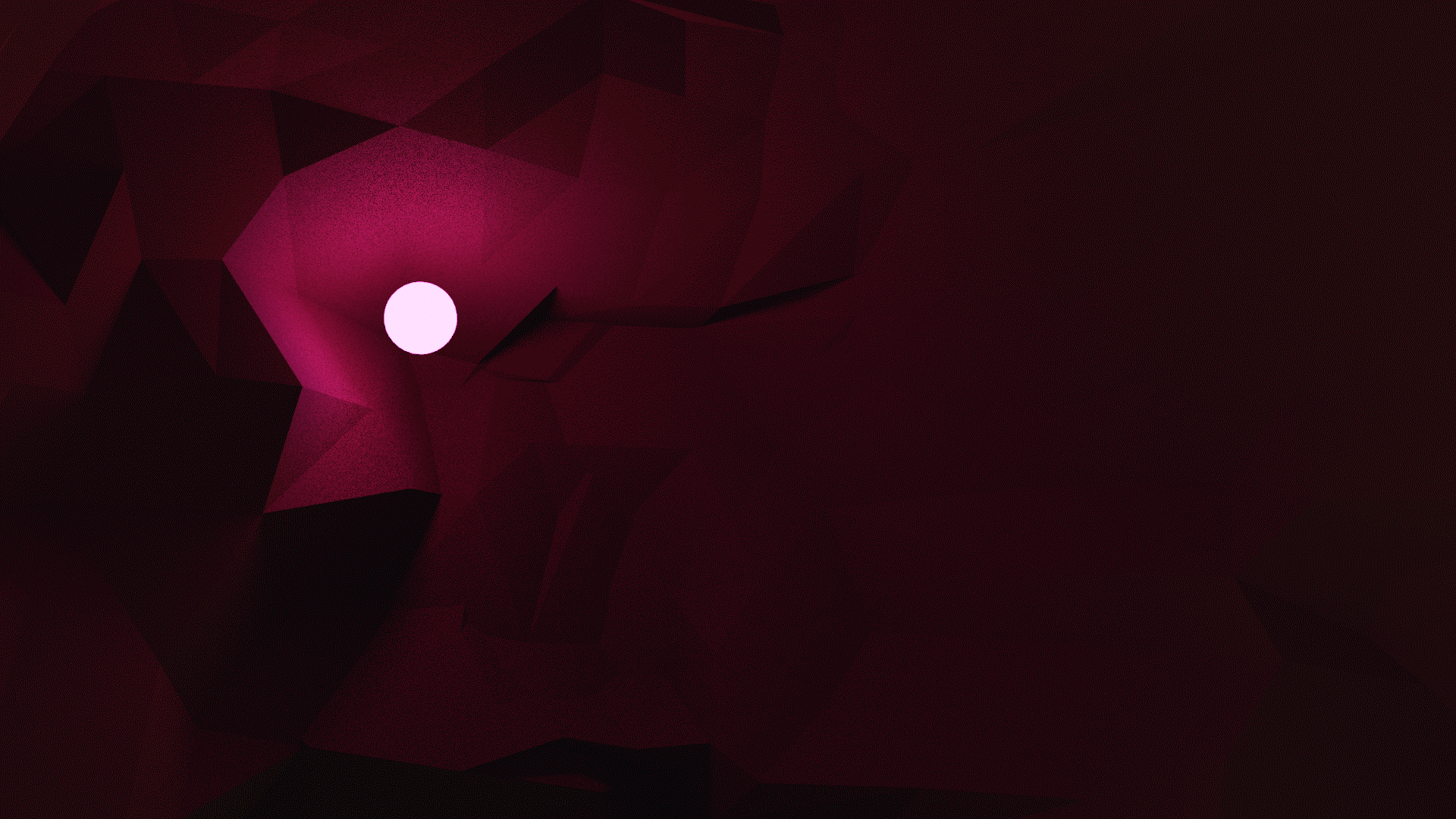 Dark crimson low-poly 3D cavern, faceted walls closing in around a single glowing pale pink orb