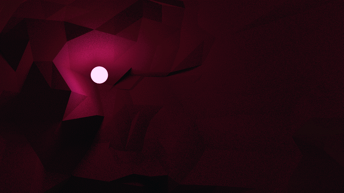 Dark crimson low-poly 3D cavern, faceted walls closing in around a single glowing pale pink orb